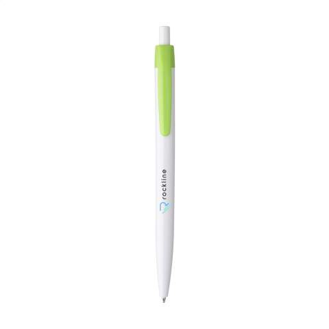 Stylo à bille monopièce à encre bleue et corps blanc. Ce stylo dispose d'un clip coloré qui se remarque au premier coup d oeil, avec une grande surface d'impression, qui permet d'optimiser l'espace réservé au marquage.