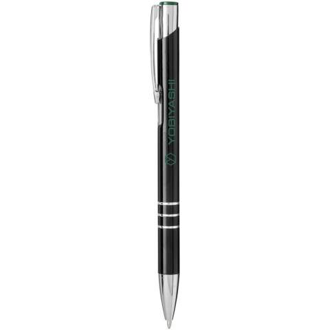 Black barrel ballpoint pen with click action mechanism in a range of various colours at the top of the pen. When laser engraved the colour underneath is revealed, matching the colour at the top of the pen. Pen has a metal clip, aluminium barrel, an ABS tip and top. The extensive and popular Moneta range is available in many different styles and finishes.