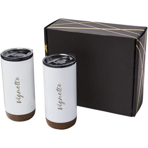Gift set of two Valhalla 500 ml copper vacuum insulated tumblers. Presented in a black gift box with glimmery gold details.