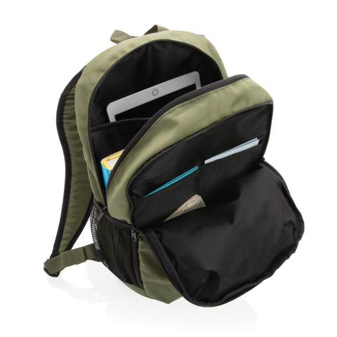 The Impact AWARE™ 300D RPET casual backpack offers plenty of storage. The front zip pocket provides secure small-item storage for quick access. A middle compartment holds 2 open pockets and the main compartment features a 15 inch laptop compartment. Comfortable shoulder straps and 2 outer mesh pockets for your bottles. Perfect for carrying your gym gear or to go on a hike. The exterior is made with100% 300D recycled polyester, the lining is 100% 150D recycled polyester. With AWARE™ tracer that validates the genuine use of recycled materials. Each bag saves 9.2 litres of water and has reused 15.39 0.5L PET bottles. 2% of proceeds of each Impact product sold will be donated to Water.org.