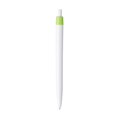 Stylo à bille monopièce à encre bleue et corps blanc. Ce stylo dispose d'un clip coloré qui se remarque au premier coup d oeil, avec une grande surface d'impression, qui permet d'optimiser l'espace réservé au marquage.