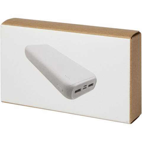 The Electro 20.000 mAh power bank is made from recycled plastic and has 4 ports to enable fast charging for multiple mobile devices simultaneously. This power bank contains a grade A lithium-ion battery and features 4 LED indicators to show its remaining battery capacity. Micro USB/Type-C input 5V/2A. USB output 1 5V/1A. USB output 2 5V/2.1A max. Total power 10.5W. Comes with a 30 cm TPE USB A to Type-C charging cable. Delivered with a kraft paper gift box and instruction manual.