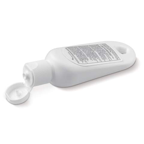 Diese kompakte Sonnencreme, ist perfekt für einen Tag am Strand oder auf einem Festival. Dank der runden Öffnung, können Sie die Flasche einfach an einem Schlüsselbund oder eine Tasche befestigen. Der Aufkleber kann vollfarbig bedruckt werden.