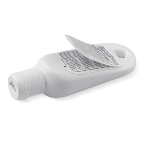 Diese kompakte Sonnencreme, ist perfekt für einen Tag am Strand oder auf einem Festival. Dank der runden Öffnung, können Sie die Flasche einfach an einem Schlüsselbund oder eine Tasche befestigen. Der Aufkleber kann vollfarbig bedruckt werden.
