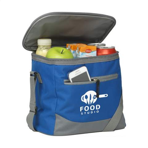 Cooler bag in handy format. Made of 600 D polyester. With large cooler compartmentl, front pocket with zipper, handle and adjustable shoulder strap. Suitable for 12 cans of drink.