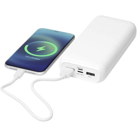 The Electro 20.000 mAh power bank is made from recycled plastic and has 4 ports to enable fast charging for multiple mobile devices simultaneously. This power bank contains a grade A lithium-ion battery and features 4 LED indicators to show its remaining battery capacity. Micro USB/Type-C input 5V/2A. USB output 1 5V/1A. USB output 2 5V/2.1A max. Total power 10.5W. Comes with a 30 cm TPE USB A to Type-C charging cable. Delivered with a kraft paper gift box and instruction manual.