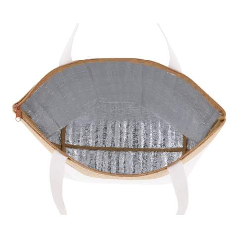 Ce sac isotherme en coton et jute est très polyvalent car vous pouvez l'emmener à la plage, en ville, en vacances ou l'utiliser pour faire du shopping. La combinaison des couleurs et des différents matériaux lui donne un aspect frais et moderne.