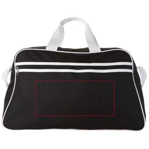 Sport bag with zippered main compartment and front pocket with zipper closure.