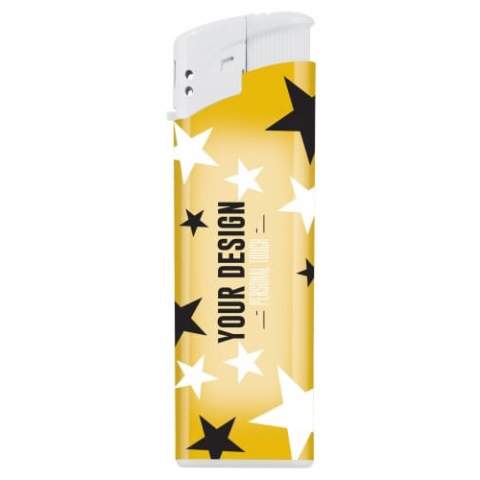Electronic lighter with custom-made full-colour labelling. Refillable and child-resistant. Minimal order of 5.000 pieces.