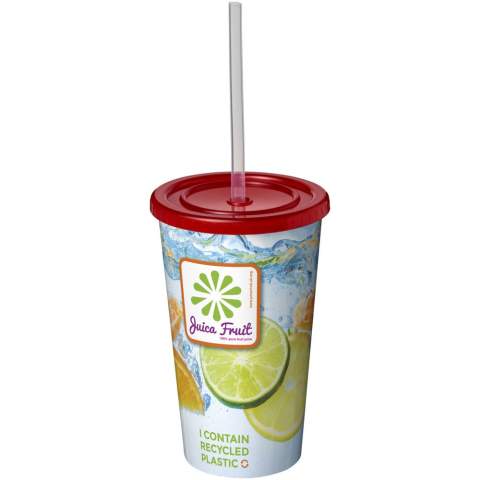 Double-wall insulated tumbler. The outer layer of the tumbler is made from recycled plastic. Tumbler features a full colour wraparound design moulded to the product, making it long-lasting and durable. Supplied with a PE straw. Volume capacity is 350 ml. Made in the UK. Packed in a home-compostable bag. BPA-free.