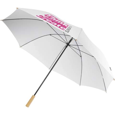 Golfparaplu met een canopy van gerecycled PET pongee polyester, geschikt voor 2 personen. De stevige metalen steel en het hoogwaardige frame met fiberglass ribben bieden maximale flexibiliteit bij winderige omstandigheden. Samen met het houten handvat en de punten, evenals de canopy van gerecycled PET pongee polyester, biedt deze paraplu een duurzamere keuze.