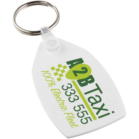 White rectangular-shaped keychain with metal split keyring. The metal looped ring offers a flat profile which is ideal for mailings.