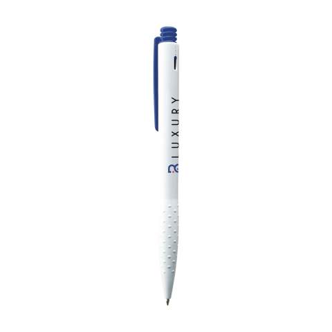 Blue or black ink ballpoint pen with textured grip, coloured clip and push button.