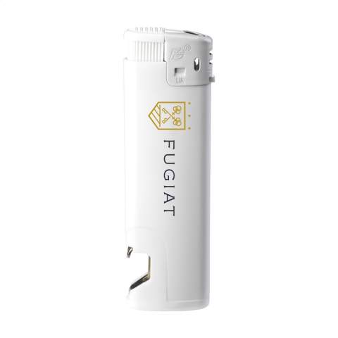 Slim electronic lighter of the brand Flameclub® with a handy bottle opener and adjustable flame. Refillable. Equipped with child lock. NEN-certified: EN13869. TÜV-certified and ISO-certified: ISO9994. Lighter are only supplied with print.