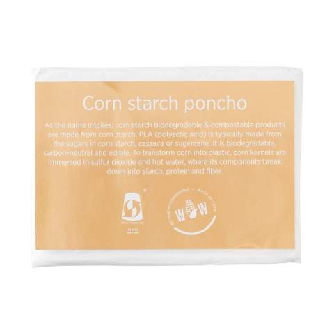 WoW! Dieser wiederverwendbare Poncho wird aus Abfällen aus der Maisproduktion hergestellt: : 4% PLA, 60% PBAT und 36% Maisstärke. Die als Nebenprodukt verbleibende Stärke wird als PLA bezeichnet. Um aus Mais eine Art Kunststoff (PLA) zu machen, werden die Maiskörner mit Schwefeldioxid in heißem Wasser vermischt, damit sich alle Bestandteile dieser Mischung wieder zu Stärke, Proteinen und Fasern entwickeln. Die Fasern werden zu einer Art Kunststoff verarbeitet, der die Entwicklung eines Ponchos ermöglicht. Dieses Material ist 100% biologisch abbaubar und zu 100% kompostierbar. Verpackt in einem Überzug, ebenfalls aus dem gleichen Material wie der Poncho selbst. Aufgeklappte Maße, gemessen ohne Haube: 100 x 125 cm.