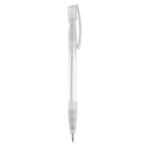 Toppoint design ball pen with rubber grip, made in Germany. This pen has a blue writing X20 refill for 2.5km of writing pleasure. Made with transparent parts.
