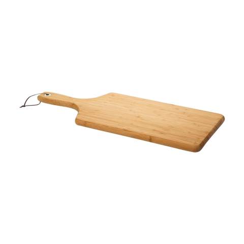 Branded chopping board by Diamant Sabatier. Made from very strong and beautiful bamboo. Finished and polished. Hygienic, antibacterial and easy to clean. With metal ring and leather suspension cord. A high-class product.  NOTE: Due to the natural grains and contours of bamboo, we cannot guarantee consistency in depth/colour of the engraving.