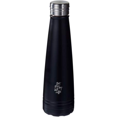 The Duke Bottle is double wall 18/8 grade stainless steel with vacuum insulation. The inner wall is plated with copper for ultimate conductivity to keep drinks hot for 12 hours and cold for 48 hours. Volume capacity is 500 ml. Presented in an Avenue gift box.