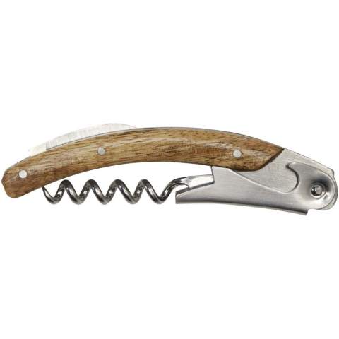 Wine holder set made of acacia wood. The set includes a waitress knife featuring a corkscrew and a retractable foil knife, and it also functions as a wine bottle holder. A perfect gift to wine lovers.