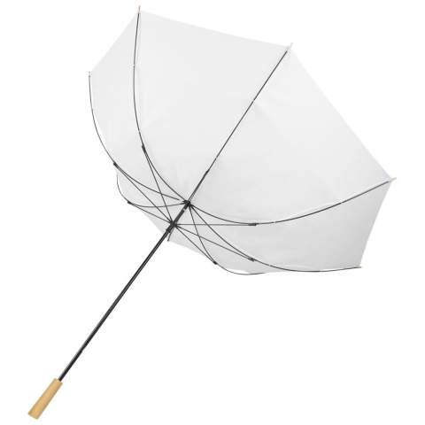Golfparaplu met een canopy van gerecycled PET pongee polyester, geschikt voor 2 personen. De stevige metalen steel en het hoogwaardige frame met fiberglass ribben bieden maximale flexibiliteit bij winderige omstandigheden. Samen met het houten handvat en de punten, evenals de canopy van gerecycled PET pongee polyester, biedt deze paraplu een duurzamere keuze.