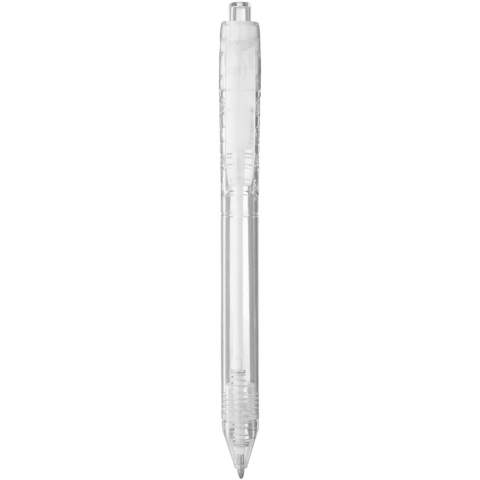 Kugelschreiber mit Klickmechanismus und transparentem Schaft. Der Schaft besteht aus recycelten Wasserflaschen, was dazu beiträgt, die Menge an Kunststoffabfällen zu reduzieren.
