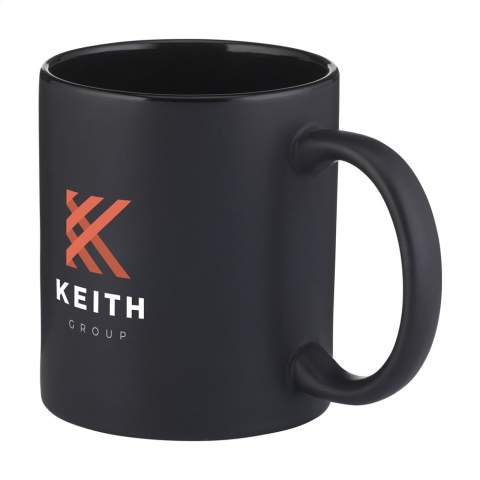 High quality ceramic mug with a matt black exterior and a glossy black interior. Dishwasher safe. The imprint is dishwasher tested and certified: EN 12875-2. Capacity 350 ml.