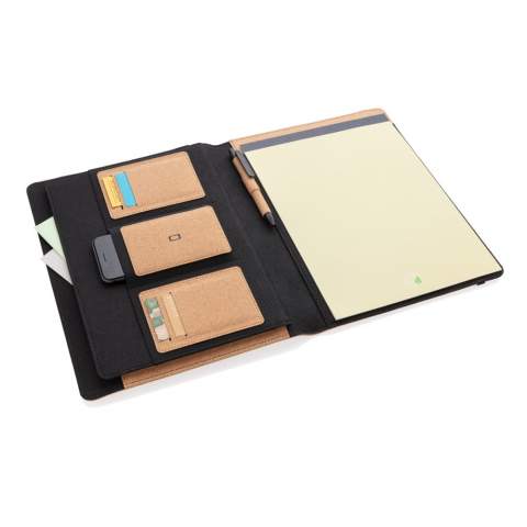 Keep all your work essentials organised in this beautiful A4 cork portfolio with black details. Inside you will find 1 big sleeve pocket, 1 phone pocket, 2 additional pockets, 4 card slots and a pen loop. Including matching cork and wheatstraw pen plus recycled paper notepad. The notepad contains 20 sheets cream coloured lined 80gm/s recycled paper. Elastic closure. Comes in kraft gift box.<br /><br />NotebookFormat: A4<br />NumberOfPages: 20