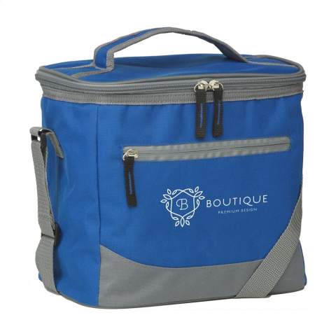 Cooler bag in handy format. Made of 600 D polyester. With large cooler compartmentl, front pocket with zipper, handle and adjustable shoulder strap. Suitable for 12 cans of drink.