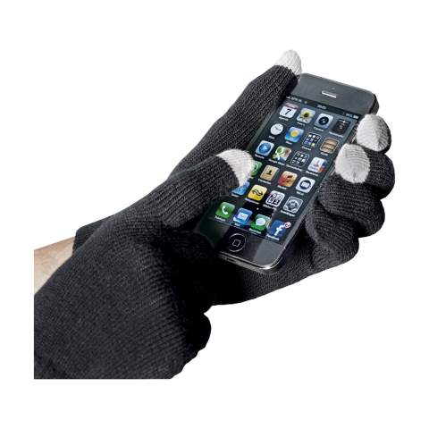 Knitted, touch screen gloves with conductive material in a few fingertips. Universal size.