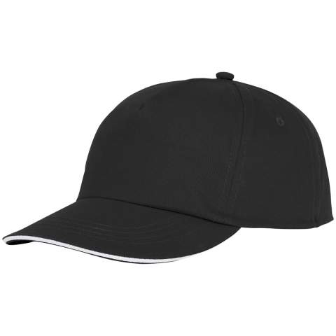 The Styx 5 panel sandwich cap has a pre-curved visor with a sandwich design, blending fashion and functionality seamlessly. Made from 175 g/m² cotton twill, it offers both durability and a soft breathable feel. The embroidered eyelets provide enhanced ventilation, keeping you cool during your pursuits. With a head circumference of 58 cm, it provides a comfortable fit for various head sizes. The fabric hook and loop fastener allow for easy and secure adjustments.