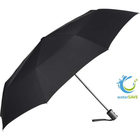 Sustainable manual opening pocket umbrella with a cover made of recycled plastics Easy to handle thanks to sliding safety runner, high-quality windproof system for maximum frame flexibility in stormy conditions, STANDARD 100 by OEKO-TEX® certified polyester pongee cover material made of recycled plastics, with waterSAVE® label on the closing strap (with new deliveries), handle made of recycled plastic material with promotional labelling option