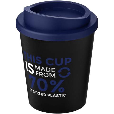 Compact, double-wall insulated tumbler with twist-on lid. Fits under most coffee makers. The tumbler is 70% recycled in total, with a recycled mug with black inner layer, and a standard lid. Since the lid is not made of recycled material it can be ordered in a wide range of different colours. Mug is fully recyclable. The shades of black may vary due to the nature of the recycled material. Volume capacity is 250 ml. Made in the UK. Packed in a recycled PE plastic bag.