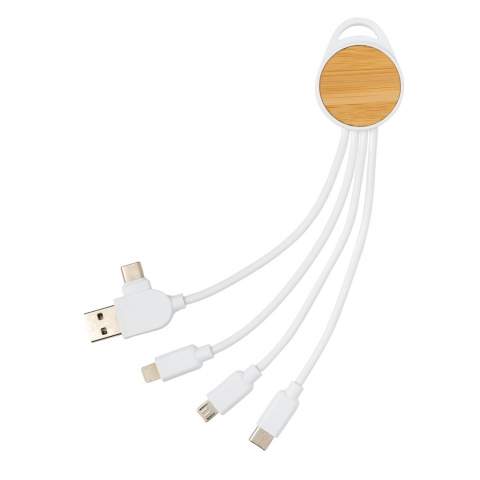 Compact and easy to carry multi cable made with certified recycled materials. Comes with 5 different connectors: USB C in, USB A in, type C out, IOS out and micro USB out. This also allows you to use the cable with type C output devices that are included in the newer generation of phones and macbook computers. The cable also has a USB A output input option so it can charge any device from any output source.  Casing made from FSC® bamboo and RCS recycled TPEmaterial. Cables made from RCS certified recycled TPE material. Total recycled content: 82% based on total item weight. Max cable length: 20 cm. Packed in FSC® mixed kraft sleeve packaging. PVC free.<br /><br />PVC free: true