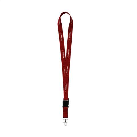 Strong woven RPET polyester lanyard (made from recycled PET bottles). Supplied with a metal carabiner. The lower part of this product can be disconnected via a plastic buckle. A durable and environmentally friendly product. Including full-colour sublimation print. Made in Europe.