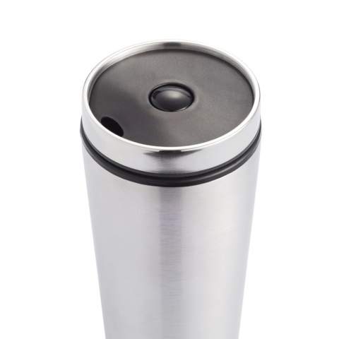 350ml stainless steel outside and PP inside tumbler with screw on lid and unique push button closure to prevent spilling. Suitable for single hand operation. Registered design®<br /><br />HoursHot: 3<br />HoursCold: 6