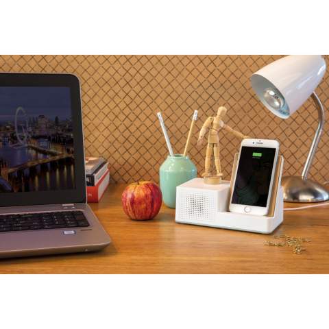 Update your desk with this super convenient wireless charger. Made out of ABS and 100% natural bamboo, this wireless charger has an integrated speaker and integrates perfectly on your desk or your living room. The wireless charger is a 5W charger and comes with a 150 cm micro USB cable to connect it to your USB power source. The 3W wireless speaker allows you to stream music up to 10 metres away using BT 4.1. Wireless charging compatible with all QI enabled devices like Android latest generation, iPhone 8 and up. Including 2x USB ports to charge via USB (5V1A max). Registered design®<br /><br />HasBluetooth: True<br />WirelessCharging: true<br />PowerbankCapacity: 1200<br />NumberOfSpeakers: 1<br />SpeakerOutputW: 3.00