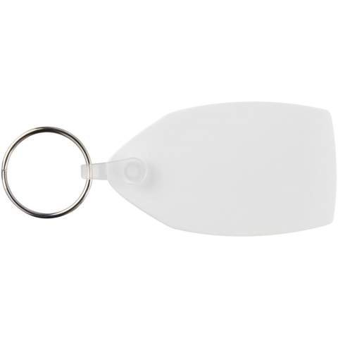 White rectangular-shaped keychain with metal split keyring. The metal looped ring offers a flat profile which is ideal for mailings.