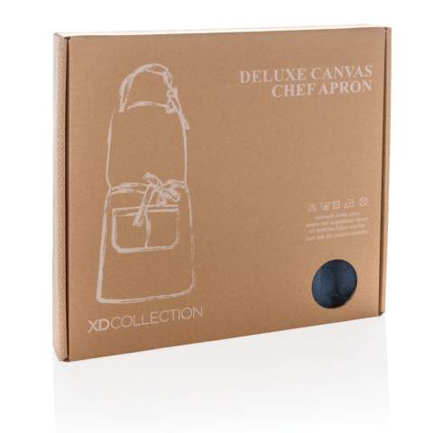 Be a top chef in this beautiful apron made in a heavy quality 16oz. canvas with PU accent details.  With a one-size design, it has adjustable straps at the neck and on the sides. A large pocket comes in handy for storing notes and utensils. Supplied in a Kraft gift box. Machine wash at 30 degrees celsius with similar colours.