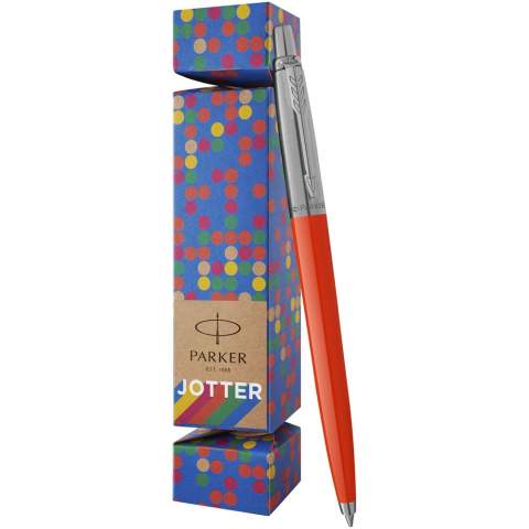 The Parker icon, Jotter, is the preferred choice for active writers who need pens wherever they go. Now this perfect gift comes in a fun, Parker cracker gift box. Delivered with patented Quick Flow ballpoint refill. Exclusive design. 