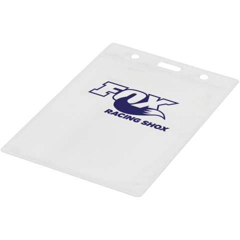 Porte-badge avec insert au dos et ouverture sur le haut pour attacher à une lanière ou à un clip extensible. Ce produit convient pour une carte de 9,2 x 7,8 cm.
