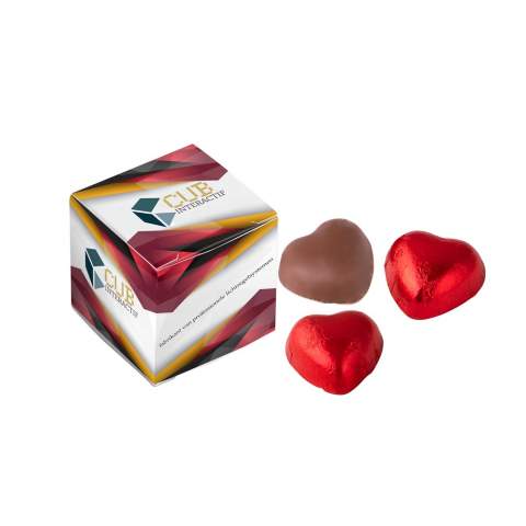 Box full colour printed and filled with 3 chocolate hearts in red foil