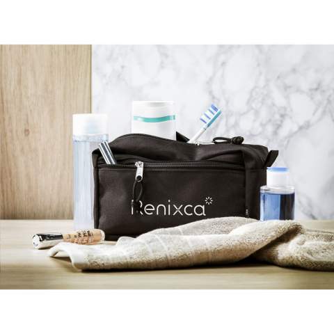 A spacious bag for storing make-up or toiletries. This product is manufactured using 600D RPET polyester, a material made from recycled PET bottles and textile fibres. Supplied with a hanging loop and handy zip pocket.