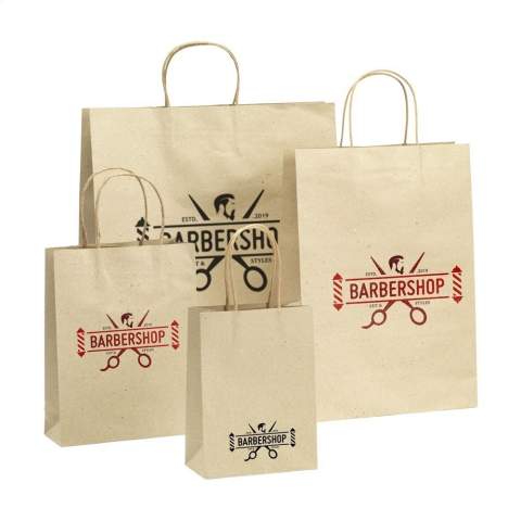 WoW! Sturdy paper gift bag (size XL) made from recycled grass paper (120 g/m²). Due to the use of natural materials, irregularities in the paper can be seen and/or felt. This gives the product a beautiful natural look. The bag has two short paper carrying loops, a folded bottom and a side fold. No trees are cut down for the production of this bag.
