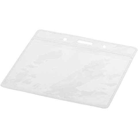 Badge holder with insert on the back and opening on top to attach to a lanyard or roller clip. Size: 8,8 x 10,0 cm. This item fits a card of 9,4 x 6,7 cm.
