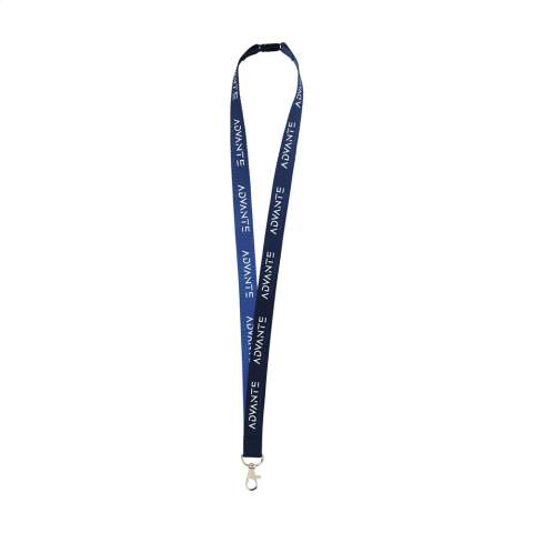 Strong woven RPET polyester lanyard (made from recycled PET bottles). Supplied with a metal carabiner and plastic safety lock. A durable and environmentally friendly product. Including full-colour sublimation print. Made in Europe.