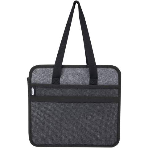 Foldable trunk organiser made of soft and durable high quality GRS certified recycled felt. Features 2 large compartments with fortified bottom plates, front pocket, mesh pocket and 2 long woven cotton handles (30 x 2.5 cm). Ideal for storing the charging cables of your electric vehicle, carrying your groceries or just keeping everything well organized in your car or at home. Folds into place without any effort and an elastic strap ensures it stays folded neatly. Depth closed: 4.5 cm. Depth open: 48 cm. 