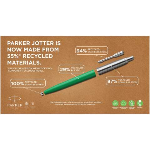 The Parker Jotter Recycled ballpoint pen offers sustainability, style, and performance at an affordable price. Its scratch-free recycled plastic body combines elegance with durability. Including Parker Quinkflow® refill for a smooth writing experience lasting 3500-5500 metres. The trim ring made from recycled stainless steel enhances its eco-friendly appeal. The Jotter Recycled Ballpoint Pen is ideal for budget-conscious, eco-conscious individuals who seek a stylish and sustainable writing instrument. Blue ink.