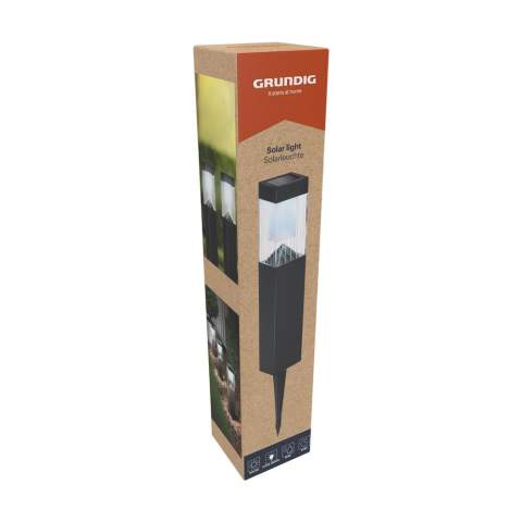Grundig Solar-LED-Lampe. Aus einer Kombination von Edelstahl und Kunststoff. Sobald es dunkel wird, schaltet sich das weiße Licht (2 LEDs) automatisch ein. Die ideale solarbetriebene Beleuchtung für den Garten oder die Einfahrt. Mit Erdspieß und leicht zu bewegen. Nach vollständiger Aufladung bietet die Lampe 6 bis 8 Stunden Licht. Spritzwassergeschützt. Enthält wiederaufladbare AAA Ni-Mh 1,2 V-Batterie (600 mAh). Verpackt pro Stück.