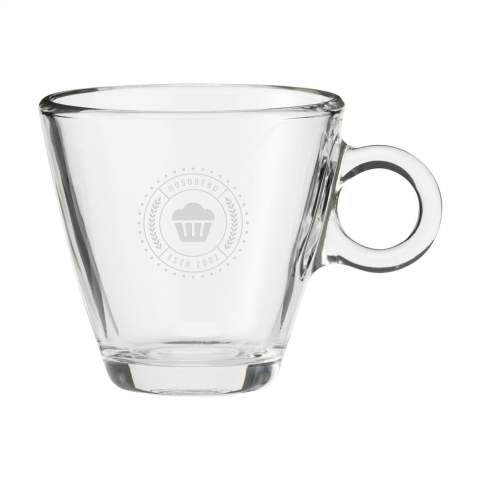 Coffee glass made of high-quality, hardened glass. Timeless model with a curved handle. Suitable for coffee and cappuccino. Capacity 230 ml. Made in Italy.