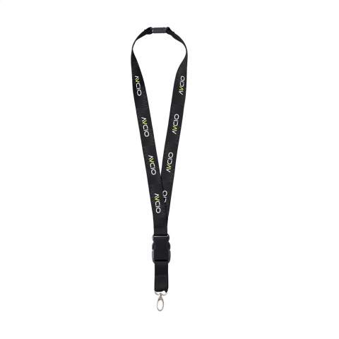 Lanyard made from strong woven polyester. Supplied with a metal carabiner and plastic safety lock. The lower part can be disconnected by means of a plastic buckle. Including full-colour sublimation print. Made in Europe.